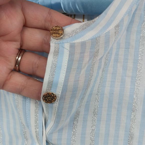 NWT & Bag Emily McCarthy Lolli Top Blouse $180 MSRP Blue Metallic Stripe Size S - Picture 8 of 13
